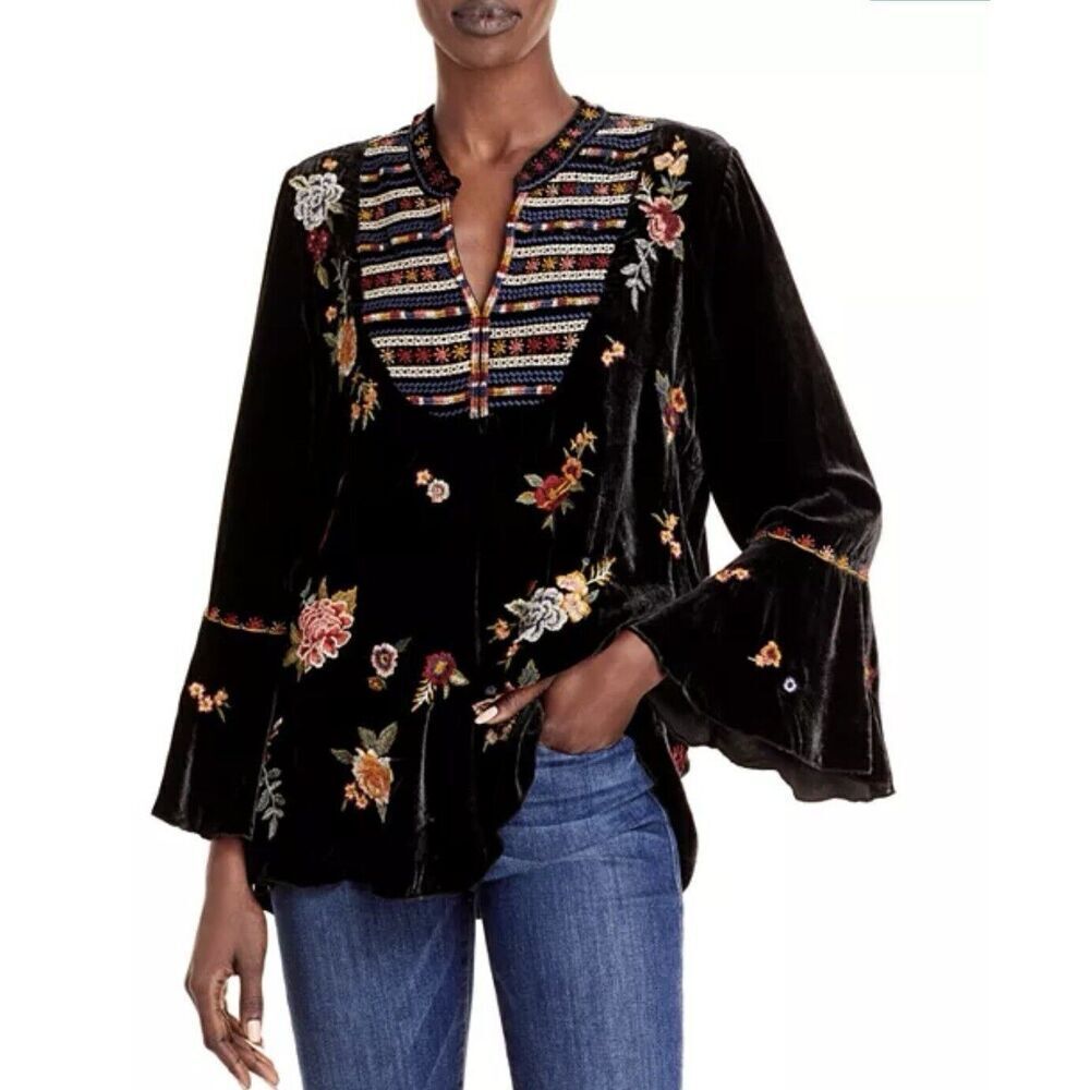 Johnny Was Sisilia Floral Embroidered Velvet Peasant Blouse Black Women’s XS